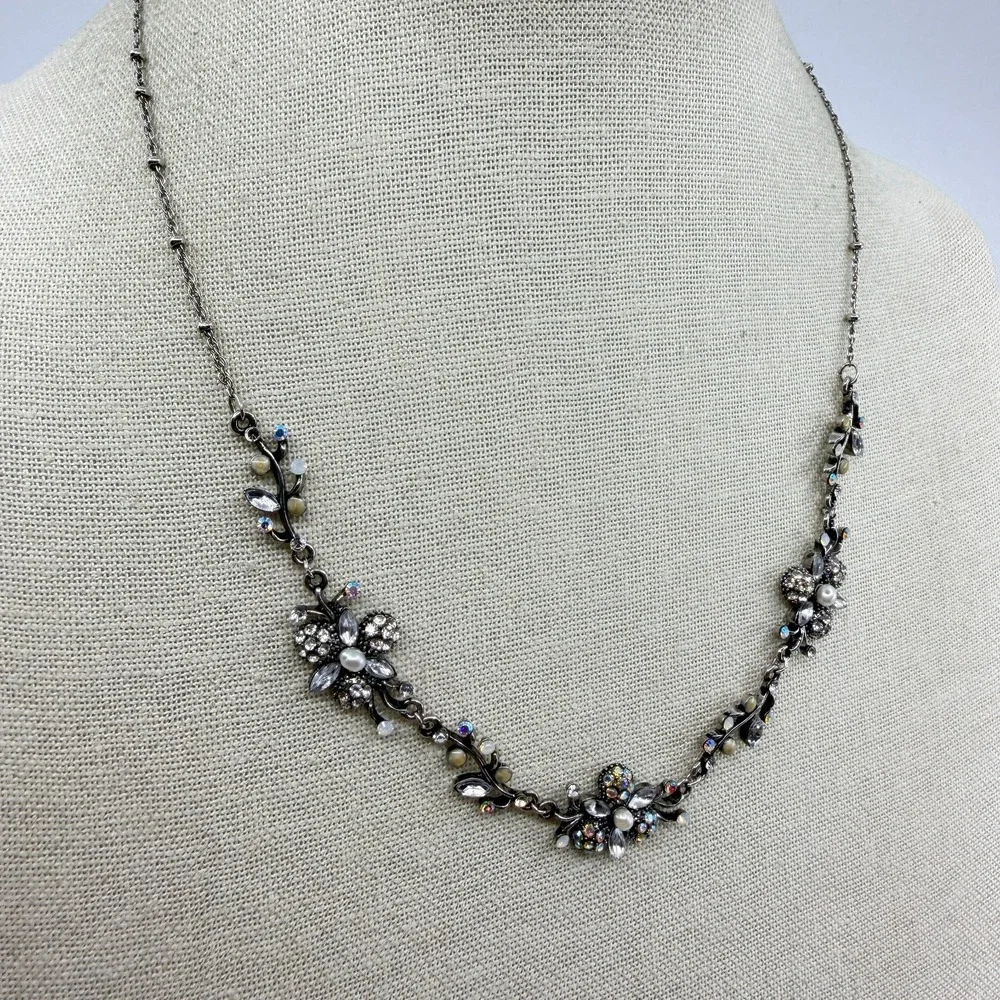 Gunmetal Floral Rhinestone Faux Pearl Necklace Cottagecore Statement Jewelry
